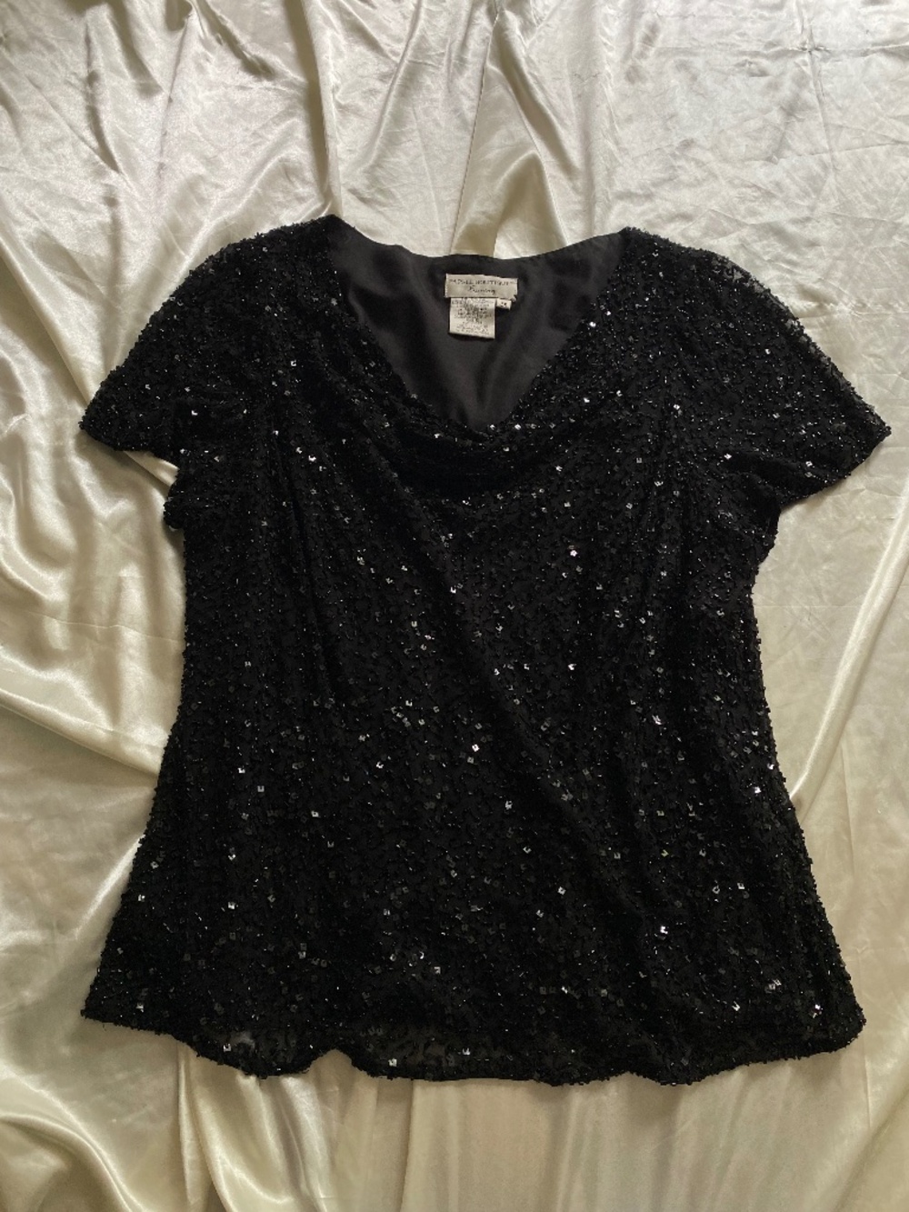 Vintage 1990s 100% Silk Black Sequin Cowl Neck Blouse Party Formal 2X Plus